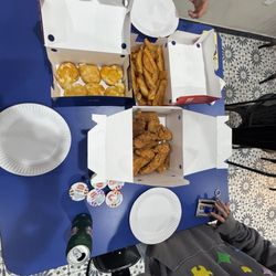 Krispy Krunchy Chicken - The crispy chicken tenders, potato wedges (fries), and biscuits. With sauces too.