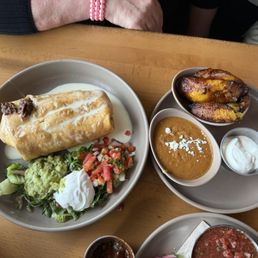 Chimichanga with plantains and refried beans.