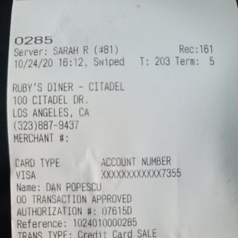 Ruby's Diner - Shout Out to our AMAZING server SARAH R! - Diners Near Me - Commerce, California Ruby's Diner - Shout Out to our AMAZING server SARAH R! - Diners Near Me - Commerce, California