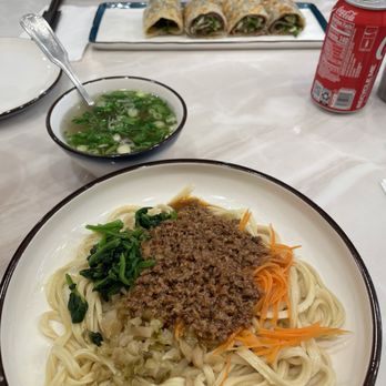 Noodle St - Beef roll, minced beef noodle (changed to triangle noodles) came with side soup. Not pictured: watermelon juice size of medium boba cup. - Noodles Near Me - Pasadena, California