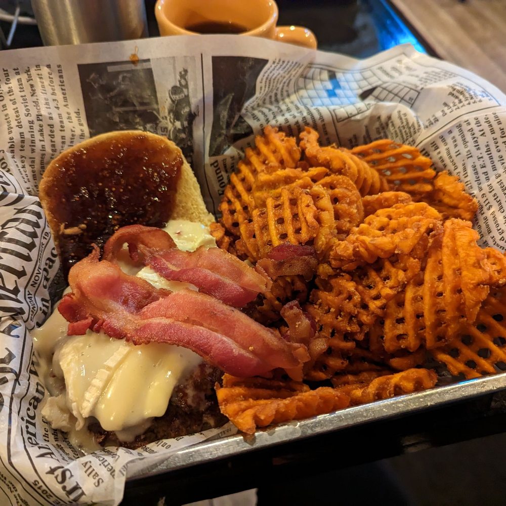 The Committed Pig - Baked brie burger with sweet potato fries ($17) - Breakfast & Brunch Near Me - Morristown, New Jersey The Committed Pig - Baked brie burger with sweet potato fries ($17) - Breakfast & Brunch Near Me - Morristown, New Jersey
