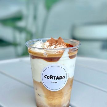 Cortado Coffee - EINSPÄNNER * ICED SHORT LATTE + HOUSE-MADE HAZELNUT CREAM - Perfect! - Coffee & Tea Near Me - Garden Grove, California