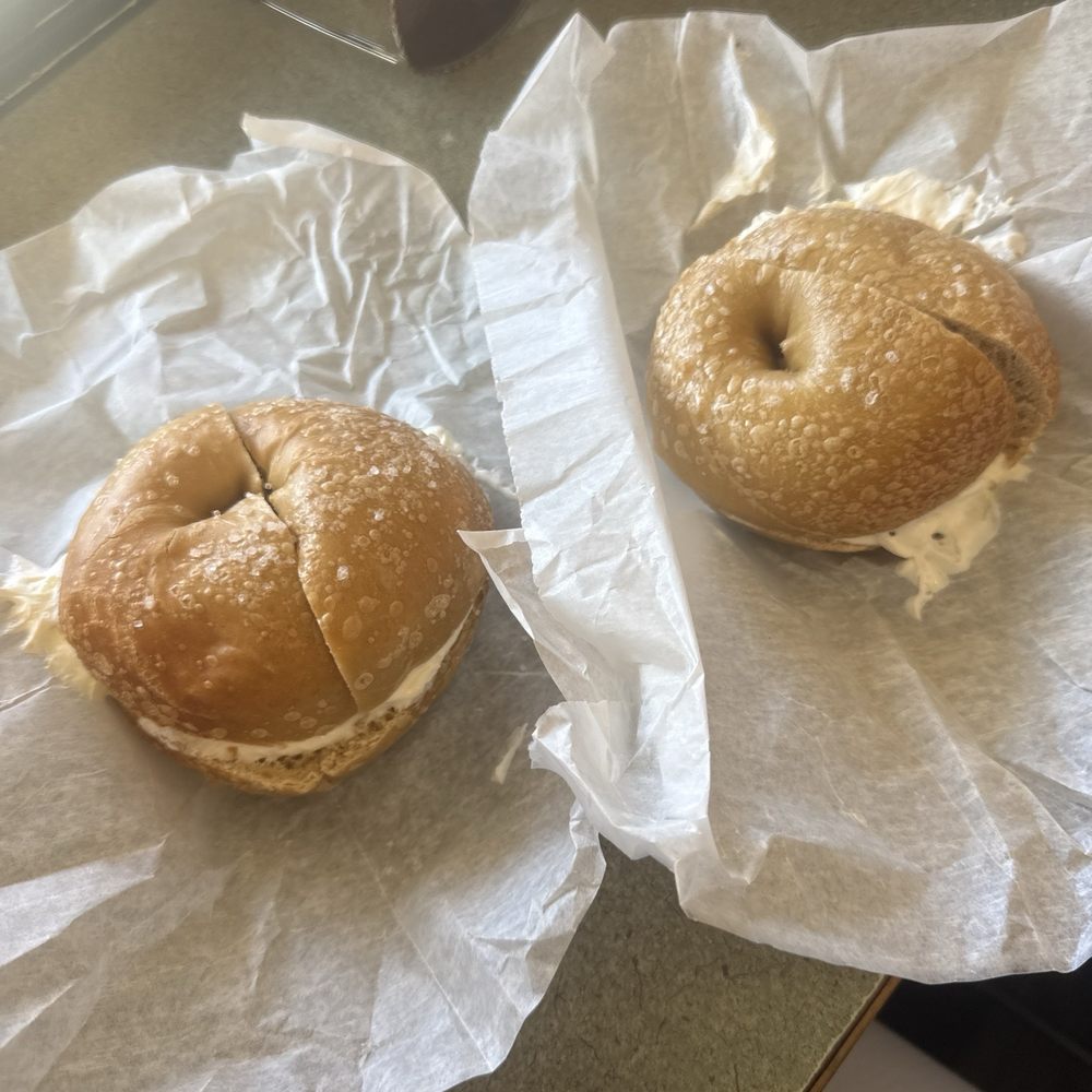 Salt bagel + plain cream cheese Salt bagel + plain cream cheese