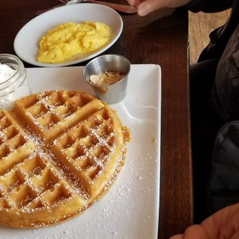 The Attic - Belgian waffle with almond and Chantilly cream plus a side of scrambled eggs - Breakfast & Brunch Near Me - Long Beach, California
