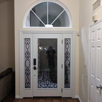 Today's Entry Doors - Jeld-Wen Aurora Custom Fiberglass with wrought iron inserted between clear glass on both sides. Model A5037. Decorative Grille = Heritage. - Door Sales/Installation Near Me - Orange, California