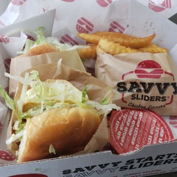 Savvy Sliders - This is the Box #7. Fried Chicken and the Angus Burger slider with seasoned fries. - Burgers Near Me - Sterling Heights, Michigan