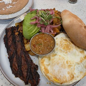 Almuerzo Café - Bistec & Huevos. Side of beans. - Breakfast & Brunch Near Me - Tustin, California Almuerzo Café - Bistec & Huevos. Side of beans. - Breakfast & Brunch Near Me - Tustin, California