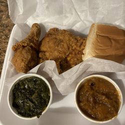 Grimes's - Chicken dinner box w/ yams and greens