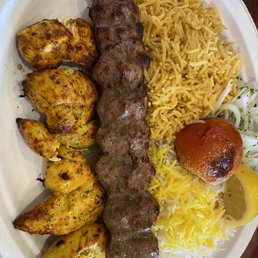Koobideh and joojeh kabob combo plate Koobideh and joojeh kabob combo plate