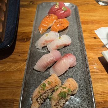 Komé - Salmon Belly Nigiri Salmon Nigiri Hotate Nigiri Tuna Nigiri Hamachi Nigiri - Sushi Bars Near Me - Dallas, Texas Komé - Salmon Belly Nigiri Salmon Nigiri Hotate Nigiri Tuna Nigiri Hamachi Nigiri - Sushi Bars Near Me - Dallas, Texas