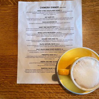 Chimera - Dinner menu + Cappuccino - Coffee & Tea Near Me - Tulsa, Oklahoma