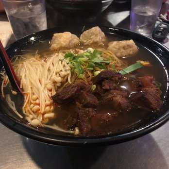 King Noodle - Hot Spicy Noodle Combo with won-ton noodles, beef briskets, won-ton and enoki mushrooms. - Noodles Near Me - Seattle, Washington
