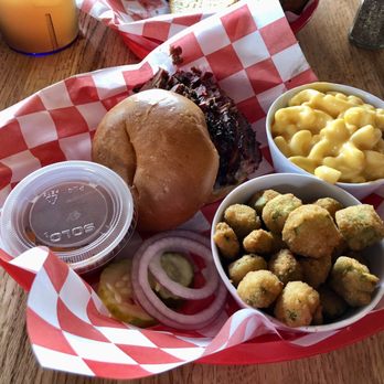 The County Line - Brisket Sandwich with fried okra and Pint of Mac & Cheese - Barbeque Near Me - Albuquerque, New Mexico