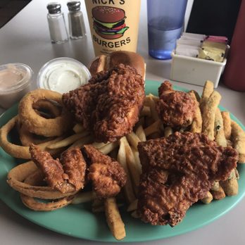Nick's Burgers - Four pieces of crispy fried chicken, fries, onion rings, and a very generous serving of fried zucchini - Burgers Near Me - Redlands, California