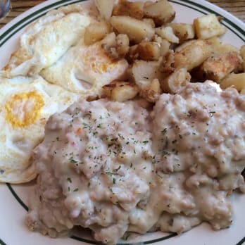 Dot's Restaurant - Sausage and gravy over biscuits with eggs over medium. The biscuits were tough and the gravy was reheated and meh - Diners Near Me - Wilmington, Vermont