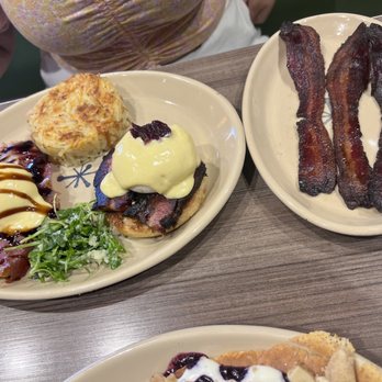 Snooze, an A.M. Eatery - Benny duo and side of signature bacon - Breakfast & Brunch Near Me - Plano, Texas