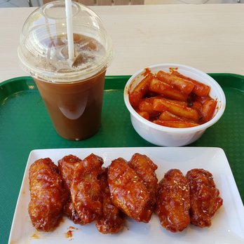 H Mart - Spicy korean fried chicken, iced americano and tteobukki. - International Grocery Near Me - Richmond, British Columbia