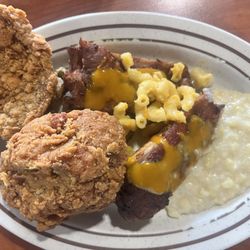 Ole Times Country Buffet - Fried Chicken, Fried Pork Chop, Ribs, Creamed Corn, Fried Okra and small amount of cheese-less Mac N Cheese