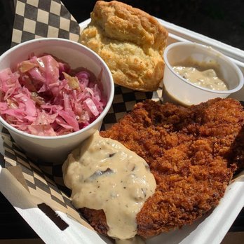 Pine State Biscuits - Chicken Fried Steak with a slammin shiitake mushroom gravy, vinegary coleslaw and a golden house-made biscuit. - Southern Near Me - Portland, Oregon Pine State Biscuits - Chicken Fried Steak with a slammin shiitake mushroom gravy, vinegary coleslaw and a golden house-made biscuit. - Southern Near Me - Portland, Oregon