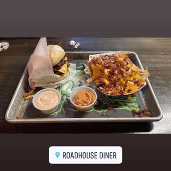 Roadhouse Diner - This is the Northside burger minus the onion with bacon added and club fries. - American Near Me - Great Falls, Montana