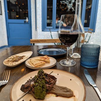 Roaming Goat - Lamb skewer on lentil puree with (spicy) zhug sauce. Van Ardi, Areni, Armenian red wine - Wine Bars Near Me - San Francisco, California Roaming Goat - Lamb skewer on lentil puree with (spicy) zhug sauce. Van Ardi, Areni, Armenian red wine - Wine Bars Near Me - San Francisco, California