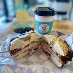 Saved By The Bagel - Turkey Club and a hot cup of coffee