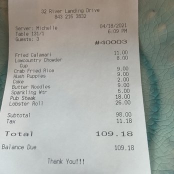 The Kingstide - Our bill.  Food was great. - Seafood Near Me - Island, South Carolina