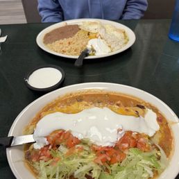 Chilaquiles verdes, and wet burrito Chilaquiles verdes, and wet burrito