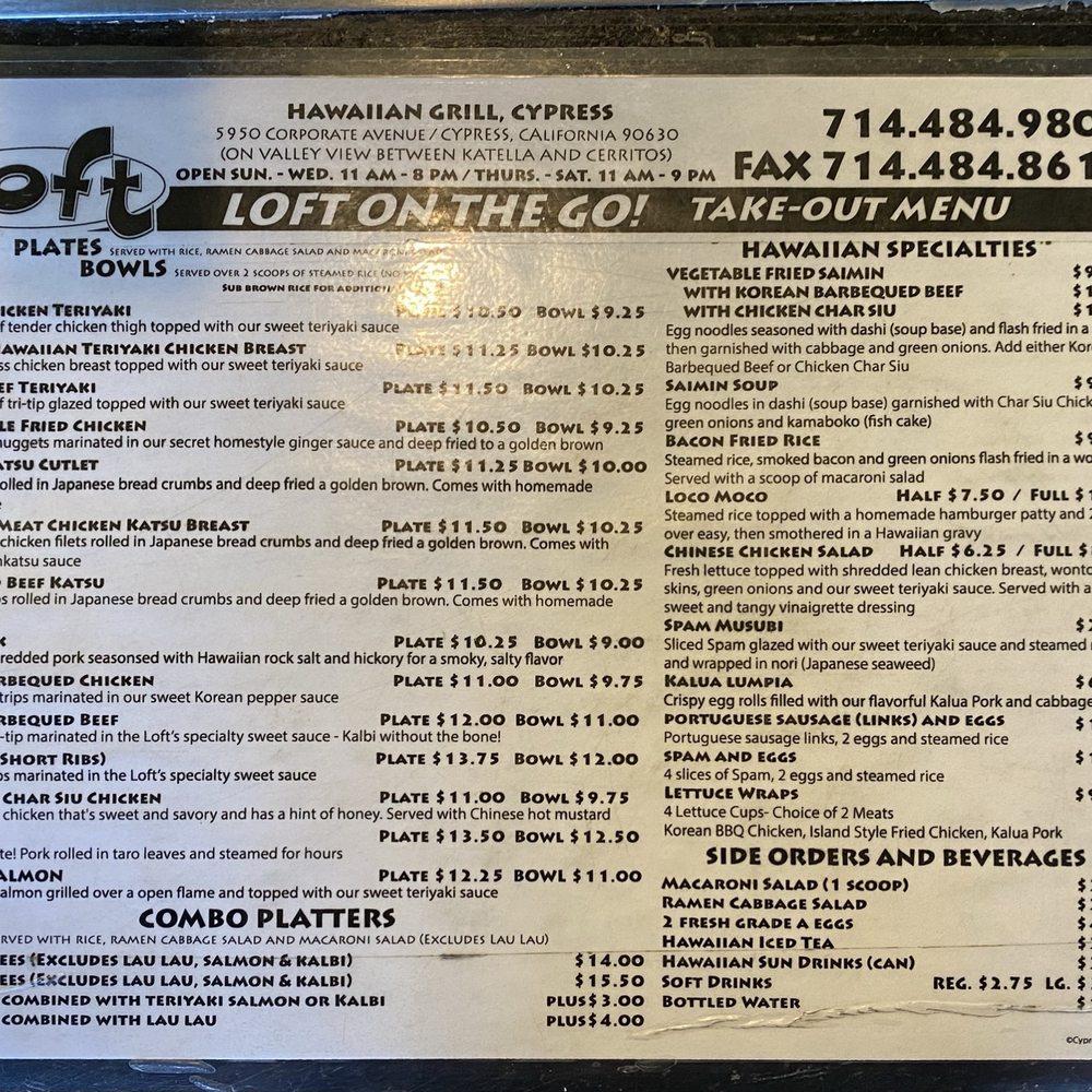 Loft Hawaiian Grill - 6/25 menu - Hawaiian Near Me - Cypress, California Loft Hawaiian Grill - 6/25 menu - Hawaiian Near Me - Cypress, California