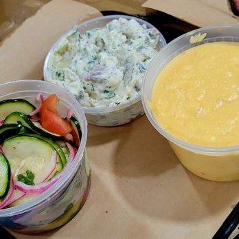 Smokemade Meats + Eats - Zucchini Salad, Potato Salad (lots of dill used) and Cheesy Grits - Barbeque Near Me - Orlando, Florida Smokemade Meats + Eats - Zucchini Salad, Potato Salad (lots of dill used) and Cheesy Grits - Barbeque Near Me - Orlando, Florida