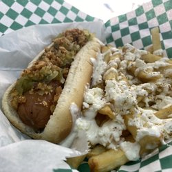 All Around The World - Our German Hot Dog with Relish and Crispy Onions