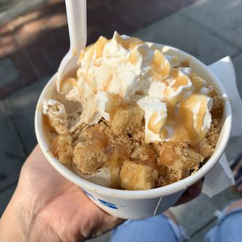 Photo of Icicles - San Mateo, CA, United States. Butterface topped with cheesecake bites, whipped cream, and caramel
