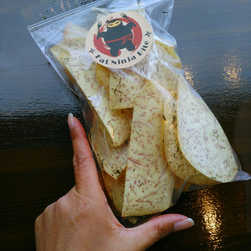 Fat Ninja Bite - Bag of taro chips seasoned with pink Himalayan salt and little bits of nori are oh so good! Made fresh daily. - Japanese Near Me - Toronto, Ontario Fat Ninja Bite - Bag of taro chips seasoned with pink Himalayan salt and little bits of nori are oh so good! Made fresh daily. - Japanese Near Me - Toronto, Ontario