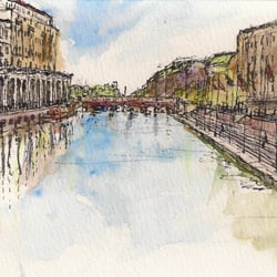 Andreas Schieweck - Kleine Alster in Hamburg (mit Alsterarkaden), Tintenzeichnung auf Papier, mit Aquarell koloriert, 2009, 13 x 21 cm,