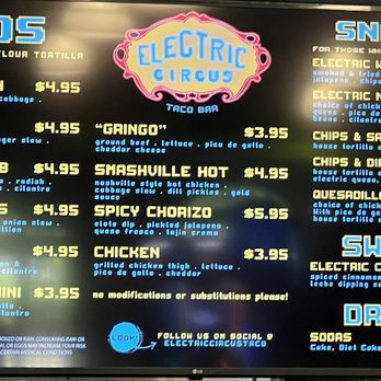Electric Circus Taco Bar - Menu as of August 2022 - Tacos Near Me - Williamsburg, Virginia Electric Circus Taco Bar - Menu as of August 2022 - Tacos Near Me - Williamsburg, Virginia