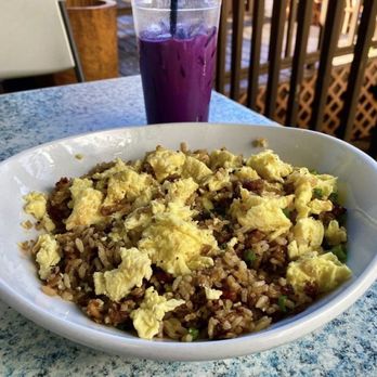 Kihei Caffe - A hearty portion of pork fried rice with a cold ube chaser - Hawaiian Near Me - Kihei, Hawaii Kihei Caffe - A hearty portion of pork fried rice with a cold ube chaser - Hawaiian Near Me - Kihei, Hawaii