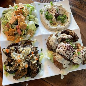 Almanqal Mediterranean Grill - Mezza platter w fried cauliflower, hummus, fatoush salad and Eggplant pickles - Mediterranean Near Me - Seattle, Washington