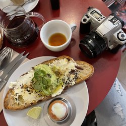 Toma Café - Colombia pour over, avo cream cheese toast.