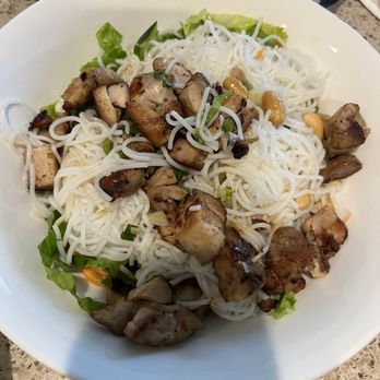 Pho 71 - Grilled chicken with Vermicelli & Rice (with eggrolls not pictured) - brought home and transferred to bowl - Vietnamese Near Me - Pearland, Texas