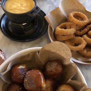 Culinary Dropout - Soft Pretzels & Provolone Fondue appetizer and Onion Rings appetizer - New American Near Me - Denver, Colorado Culinary Dropout - Soft Pretzels & Provolone Fondue appetizer and Onion Rings appetizer - New American Near Me - Denver, Colorado