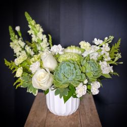 Chicky Blooms Floral + Event Design - Succulent White & Green Centerpiece