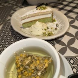 Hot tea and Pistachio Ricotta Cake