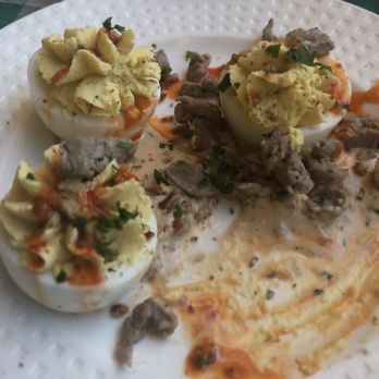 Hamrock's Restaurant - Deviled eggs with random meat hot sauce and pecans and pink sauce - New American Near Me - Fairfax, Virginia Hamrock's Restaurant - Deviled eggs with random meat hot sauce and pecans and pink sauce - New American Near Me - Fairfax, Virginia