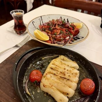 Parlak Restaurant - Domates Salatasi (tomato salad) and Grilled Calamari - Turkish Near Me - Antalya, 07