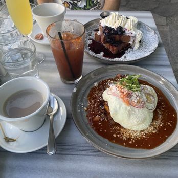 ATTITUDE CAFE - Birria breakfast potatoes with an over medium egg, BRIOCHE FRENCH TOAST with blueberry compote, oat milk lattes, Bloody mary, mimosa - Breakfast & Brunch Near Me - Los Angeles, California