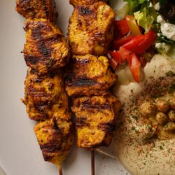 Zamzam Mediterranean Grill - Chicken Kabob, with Hummus and Greek Salad as sides.