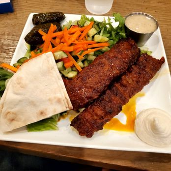 Sotta - Ground sirloin kebabs (Koobideh) with salad, dolmas, and pita. - Mediterranean Near Me - Burbank, California Sotta - Ground sirloin kebabs (Koobideh) with salad, dolmas, and pita. - Mediterranean Near Me - Burbank, California