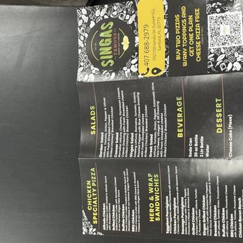 Singas Famous Pizzas- Sanford - The back of the menu with the other food options - Pizza Near Me - Sanford, Florida