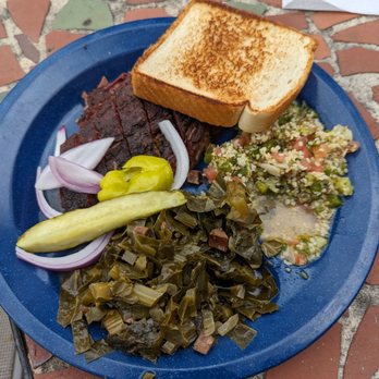 Bedlam BAR-B-Q - Brisket Combo Plate, $22 prior to tax, shown with collared greens and tabouli salad as the sides this combo comes with - Barbeque Near Me - Oklahoma City, Oklahoma Bedlam BAR-B-Q - Brisket Combo Plate, $22 prior to tax, shown with collared greens and tabouli salad as the sides this combo comes with - Barbeque Near Me - Oklahoma City, Oklahoma