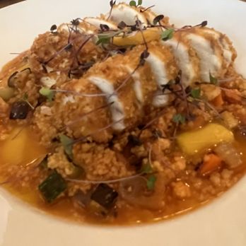 Moon & Turtle - Panko-crusted ono served rare on bed of couscous with diced vegetables in tomato broth - Seafood Near Me - Hilo, Hawaii Moon & Turtle - Panko-crusted ono served rare on bed of couscous with diced vegetables in tomato broth - Seafood Near Me - Hilo, Hawaii